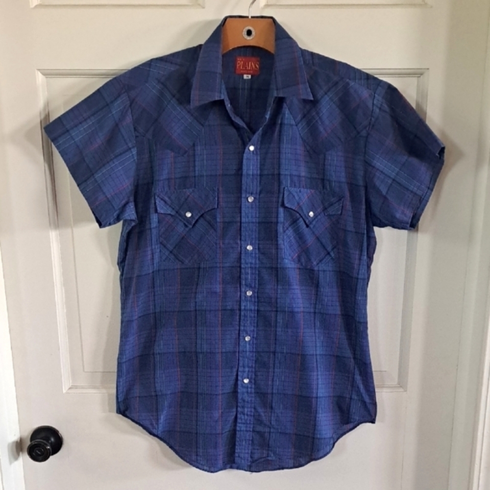Ely Plains Western Wear Blue Plaid Pearl Snap Short Sleeve Lightweight Shirt